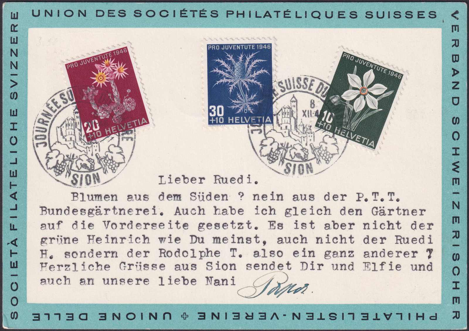 1946, SION (Tag der Briefmarke franz.) mit J117-J120 (Mi:475-478): 08 ...