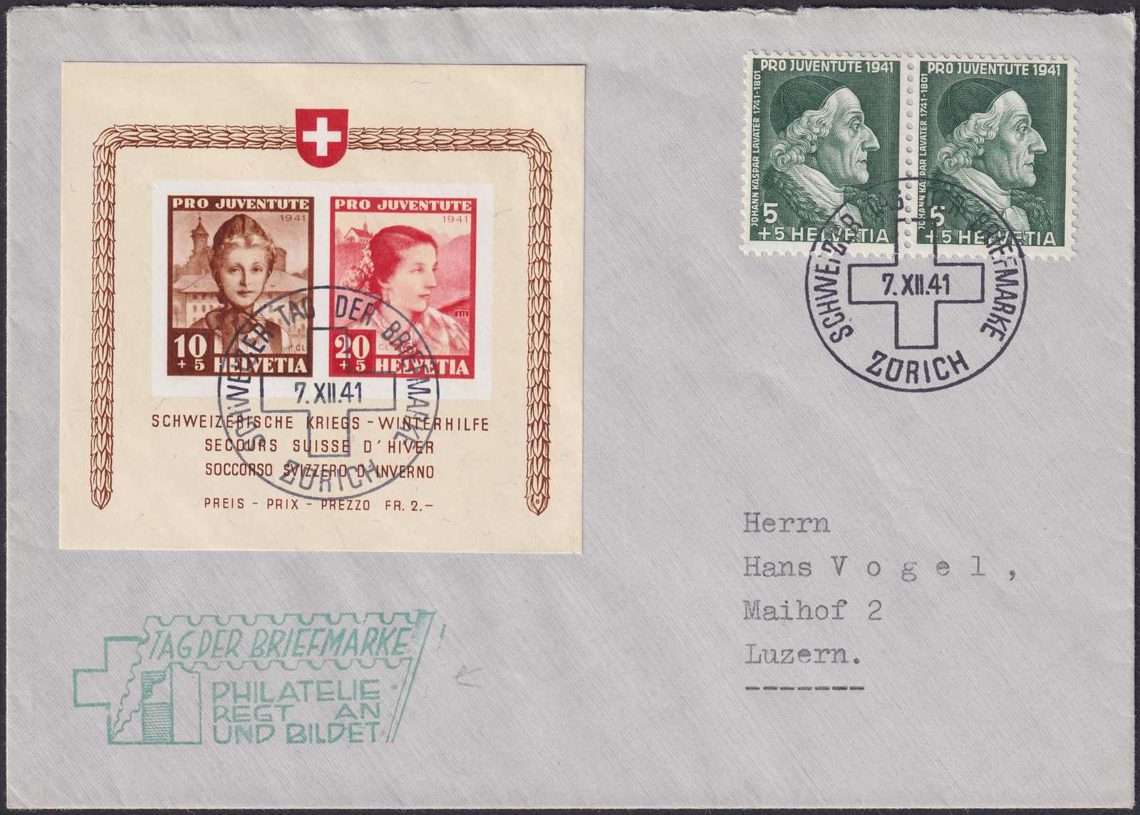 1941, ZÜRICH (Tag der Briefmarke): 7.DEZ.41 mit J98I+J99I (Michel: ...