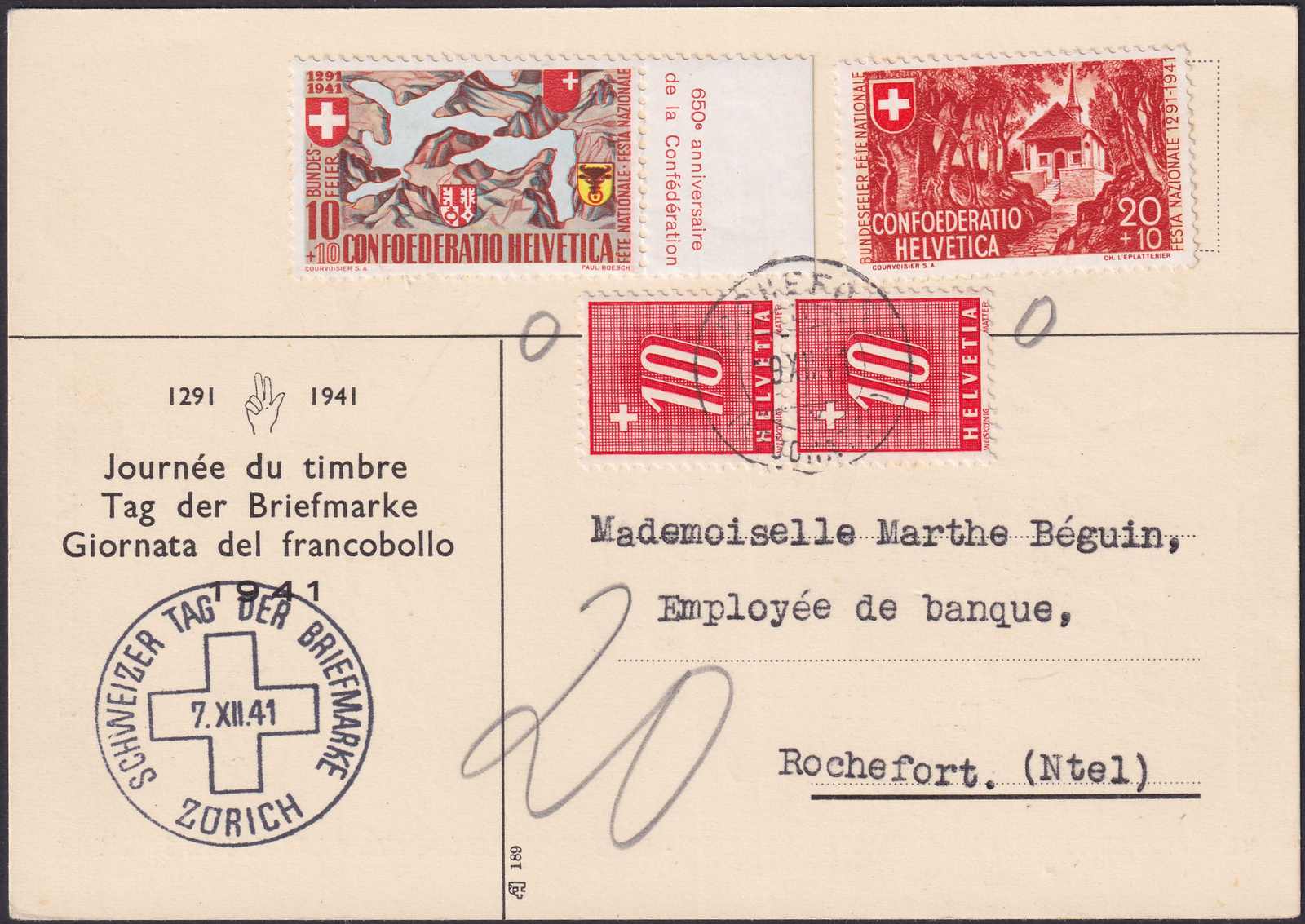 1941, ZÜRICH (Tag der Briefmarke) + NACHPORTO: 07.DEZ. nach ...