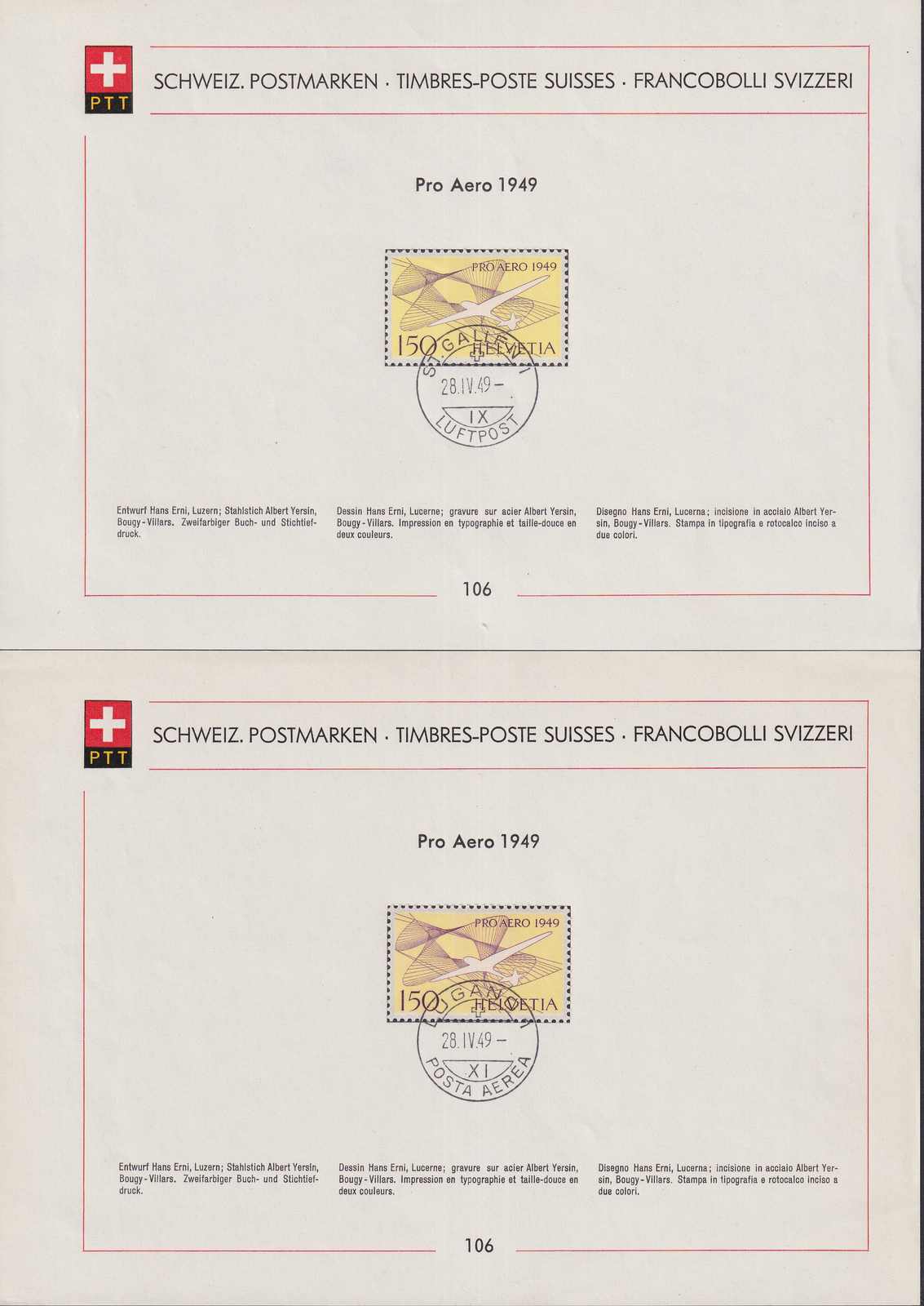 1949, Sammelblätter Nr.106 (2x) mit F45+F45b, PRO AERO von LUGANO & ...