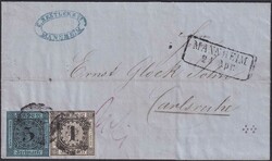 BADEN 1860, Buntfrankatur Nr.5+8 von MANNHEIM nach KARLSRUHE. Voll- ...