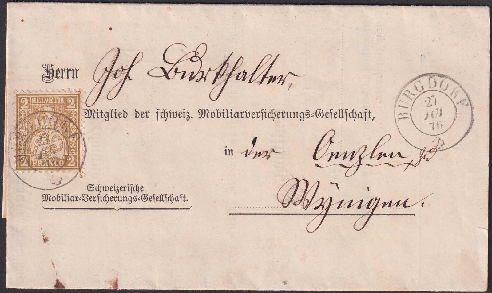BURGDORF 1876 nach Wynigen, Nr.37 auf Drucksache mit spektakulärem ...