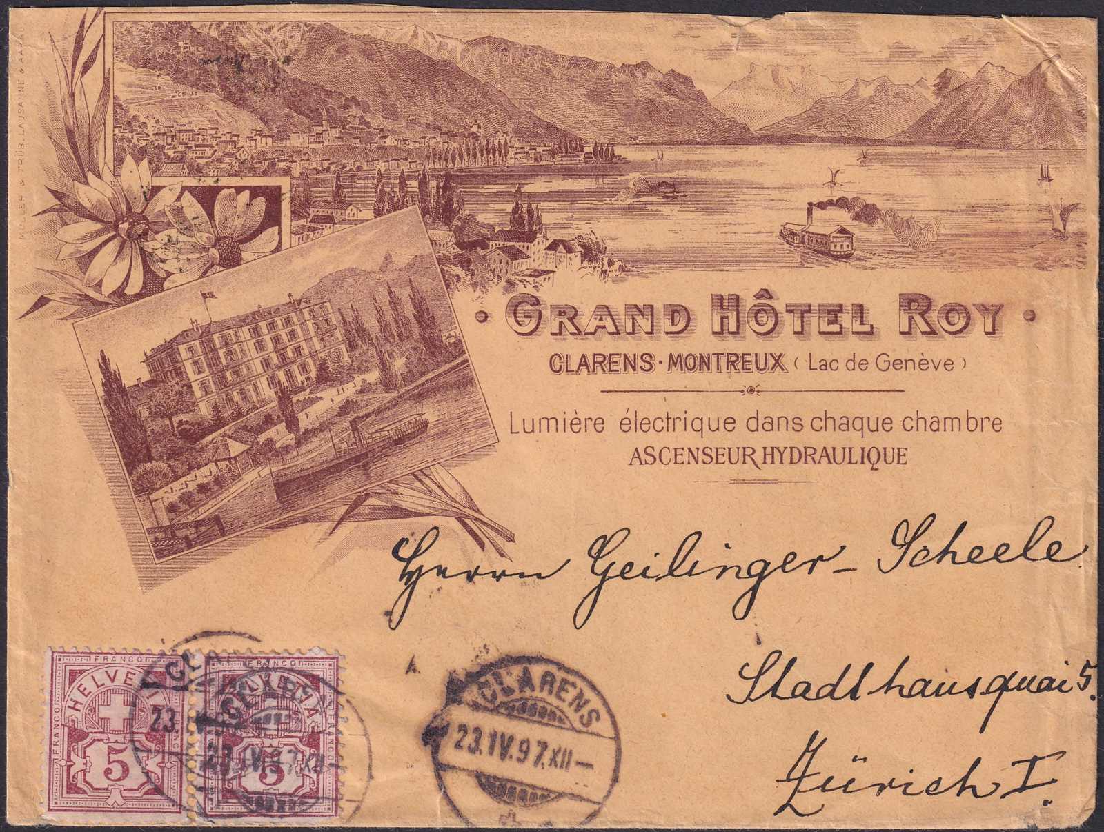 WAADT: GRAND HÔTEL ROY (Clarens, Montreux) 60A (2x) nach Zürich, ...