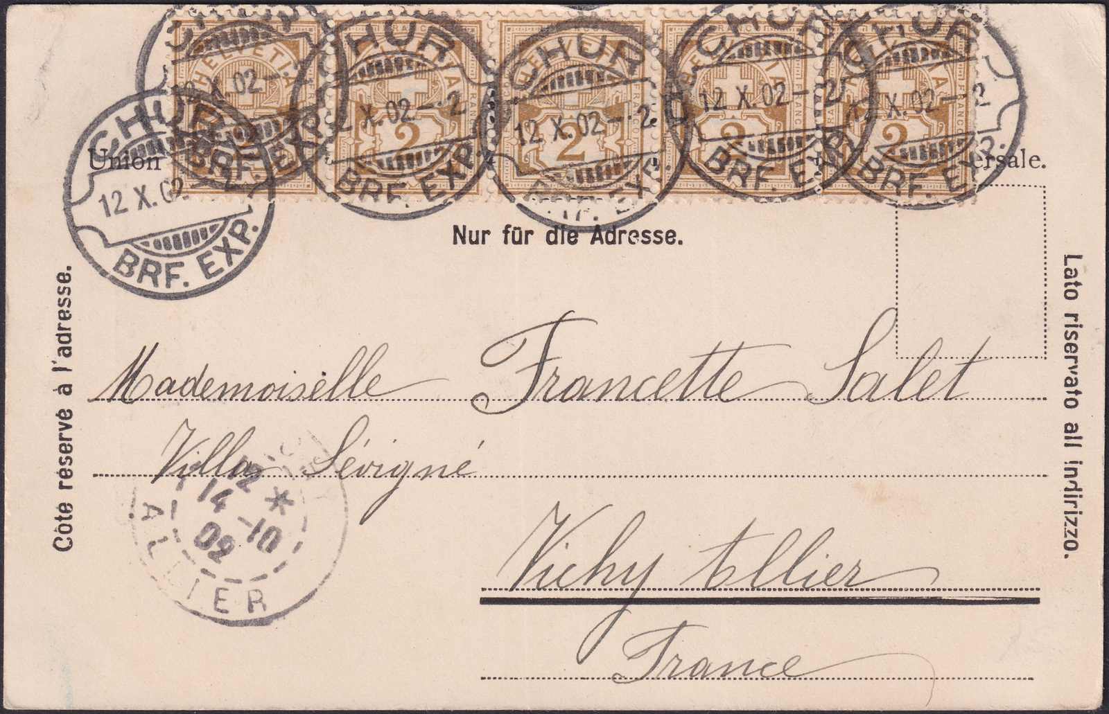 CHUR 1902, attraktive AK: Quellenhaus PASSUGG nach Vichy Allier (FR) ...