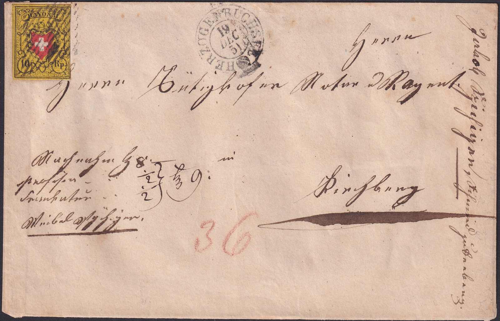 HERZOGENBUCHSEE 19.DEZ.1851, T.10 A3-RU nach Kirchberg. ...