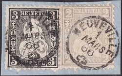 NEUVEVILLE 1866 (1.MÄRZ), attraktives Duo nR.28+29 auf Briefstück ...