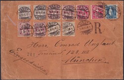 ZÜRICH 1890 nach München (DE), 5-Farben-FRANKATUR mit 11 Marken, ...