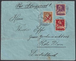 1920, F1 von ZÜRICH (WIPKINGEN) mit Nr.126+128, auf Flugbrief nach ...