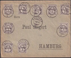 DACHSEN 1897 nach HAMBURG, 9x 59B (27 Rappen-Frankatur) Verwendung an ...