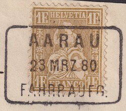 AARAU 23.MRZ.1880 nach Wohlenschwyl, seltene 1Fr.-Eizelfrankatur auf ...