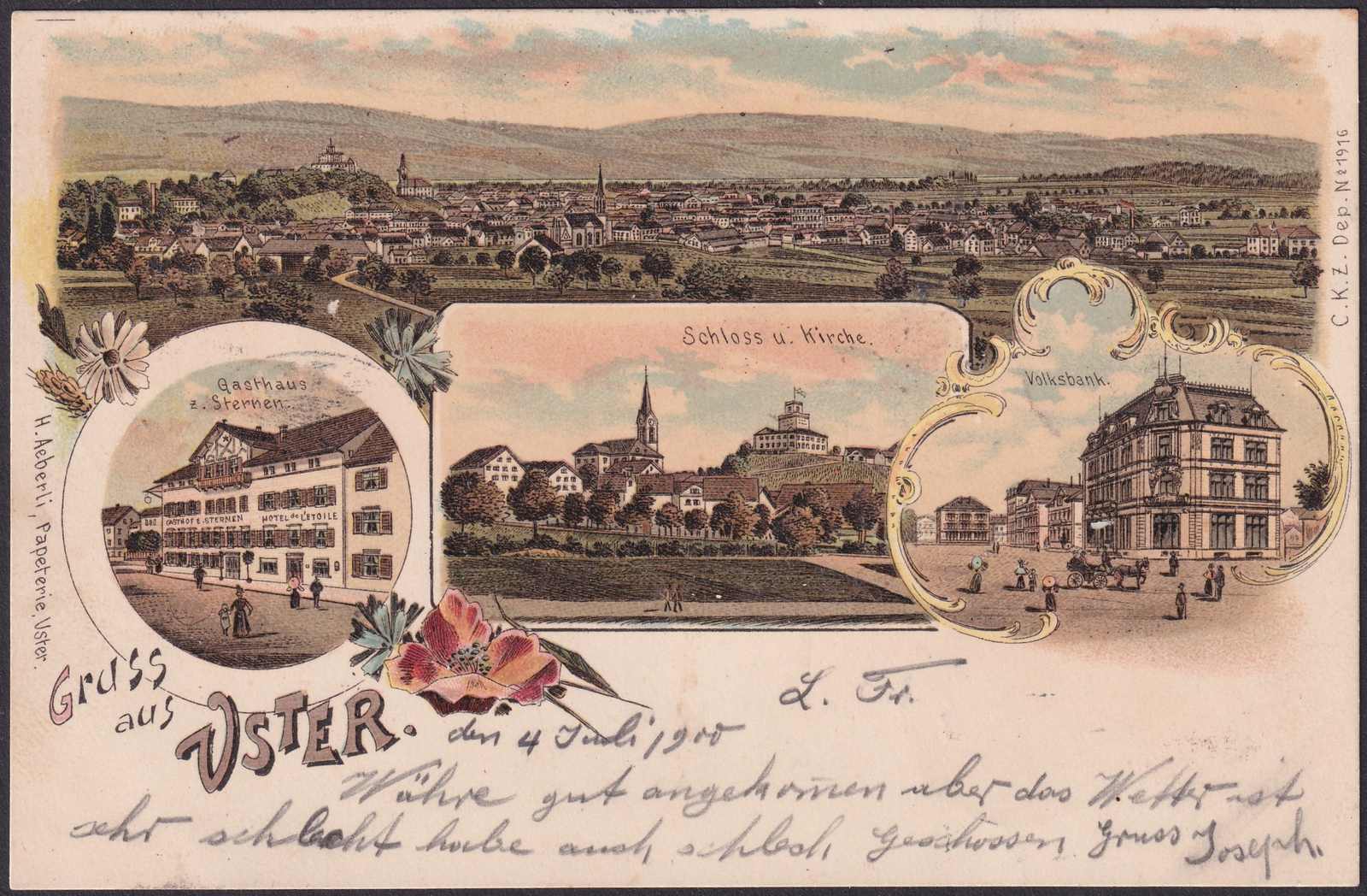 ZÜRICH, USTER 1900, saubere "Litho" nach Winterthur, mit Ansicht auf ...