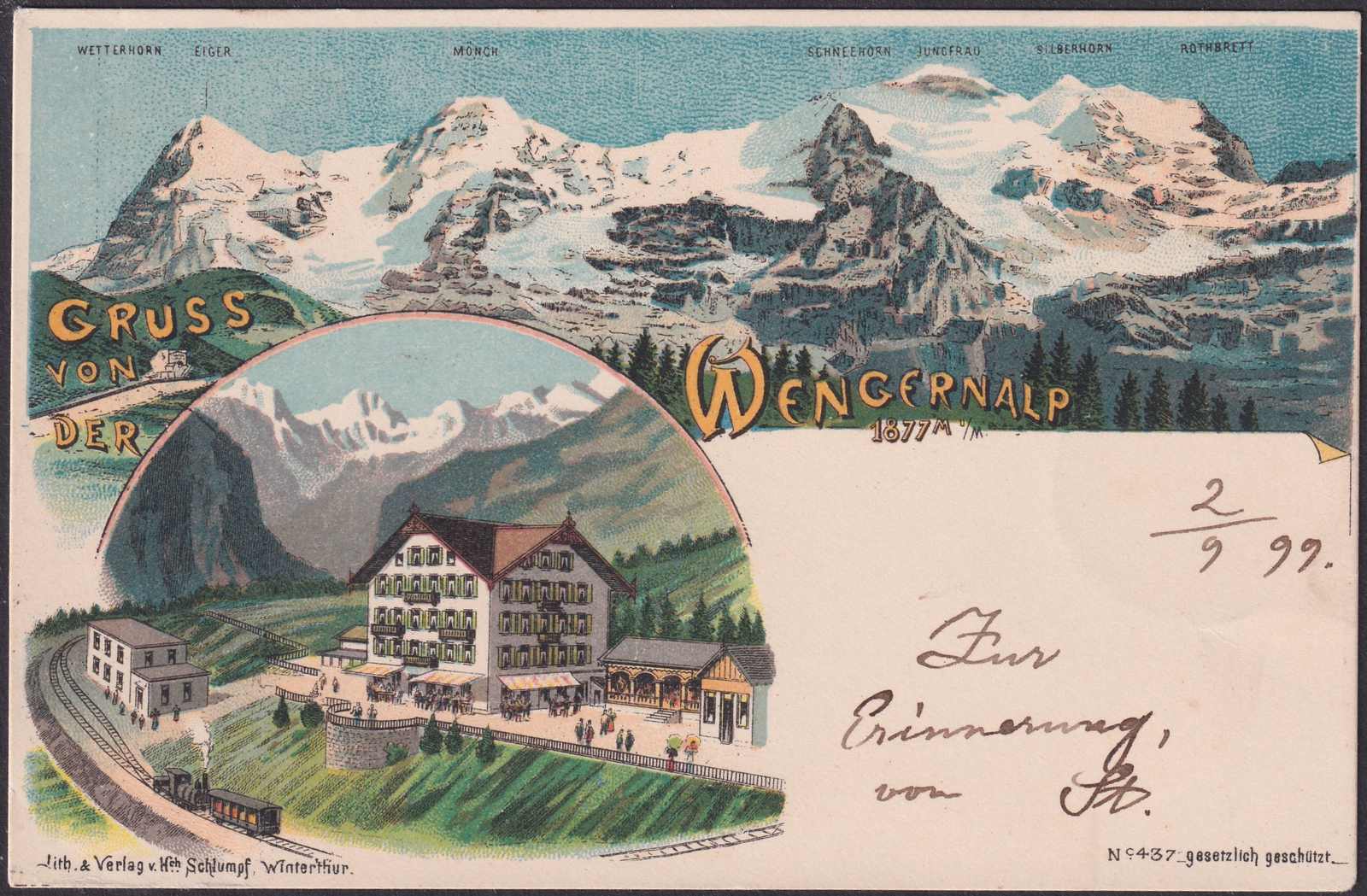 BERN, WENGERNALP 1899, saubere "Litho" nach Freiburg im Breisgau, mit ...