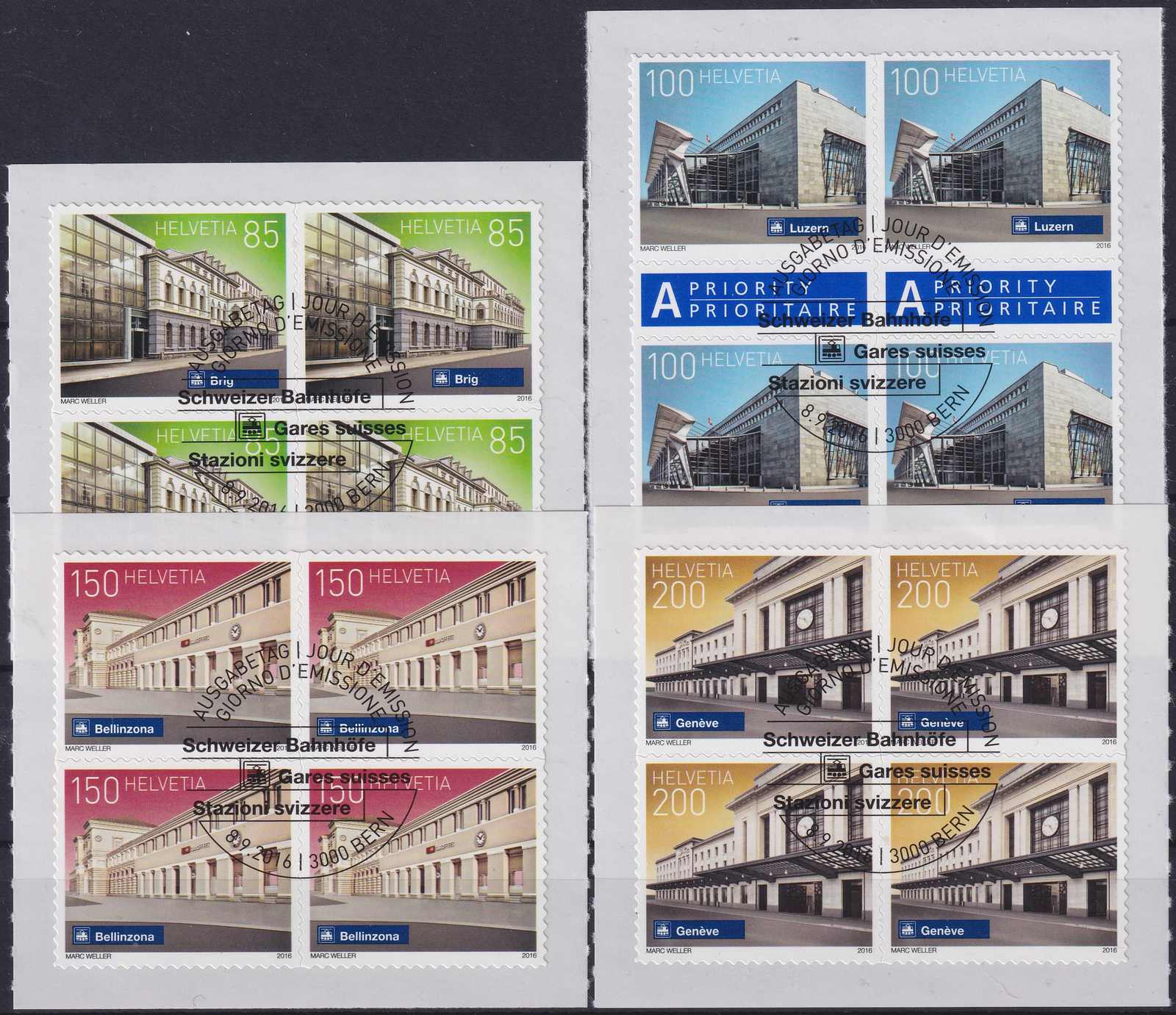 2016, Nr.1601-1604, sauberere Viererblöcke Schweizer Bahnhöfe ...