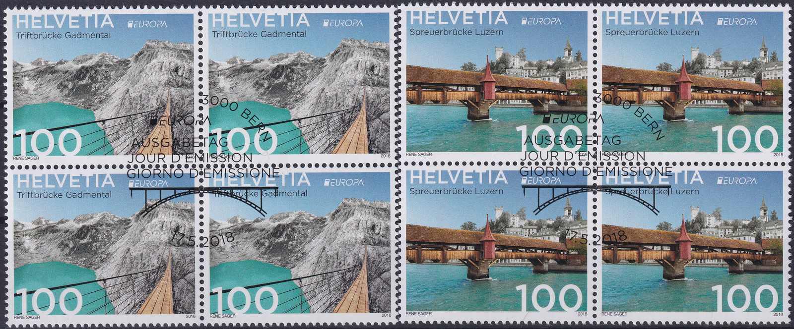 2018, Nr.1680+1681, Brücken Viererblöcke mit ET-Stempel (17.05 ...