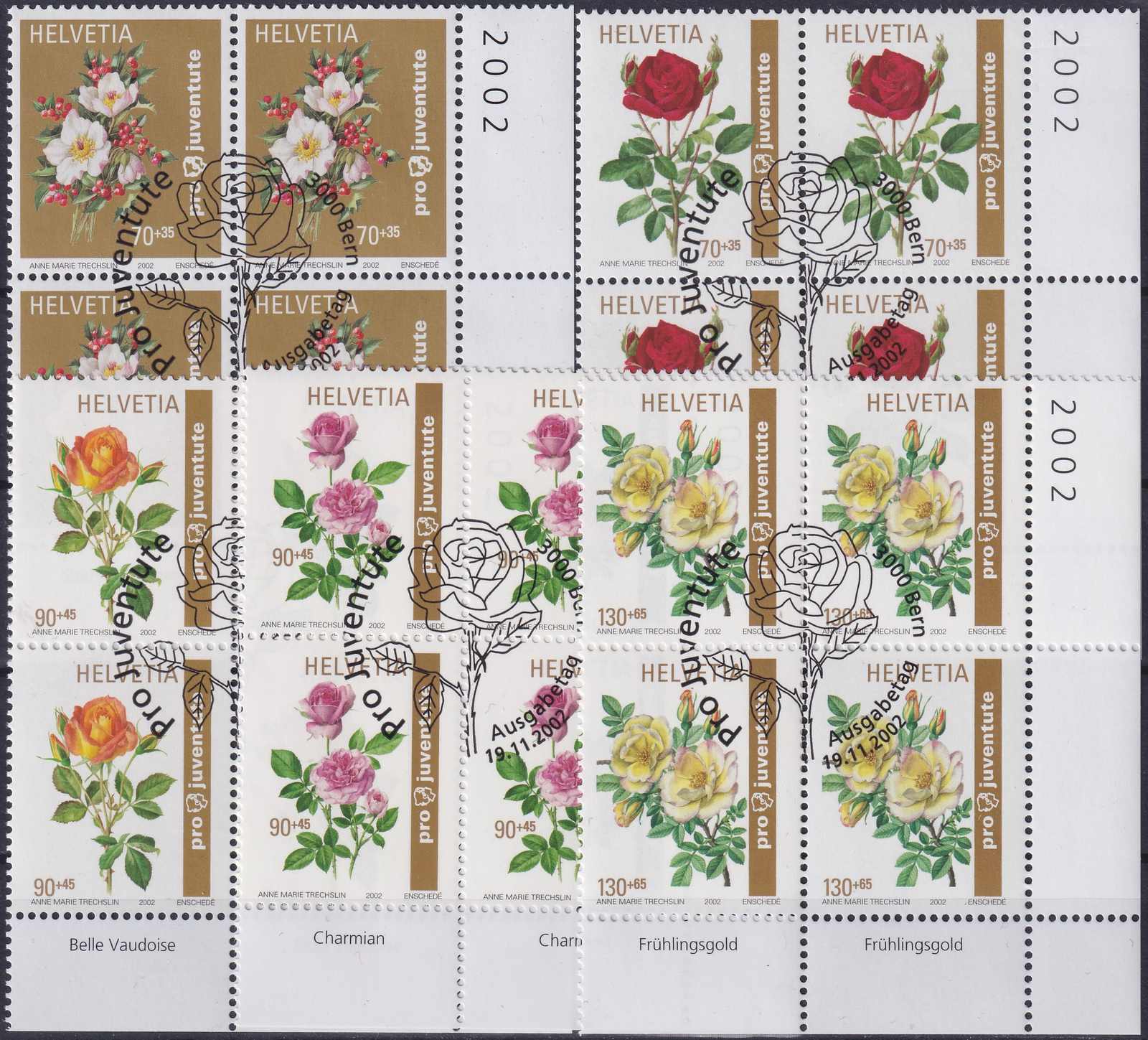 2002, J364-368, Rosen Pro Juventute Viererblöcke mit Bogenrand mit ...