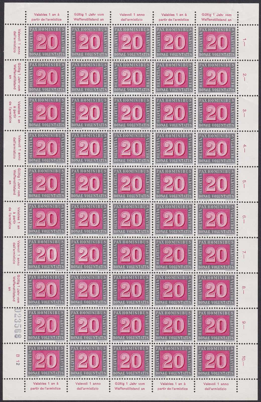 1945, Nr.264, Pax 50er Bogen, ** postfrisch, tadellos, Kat: 50.-