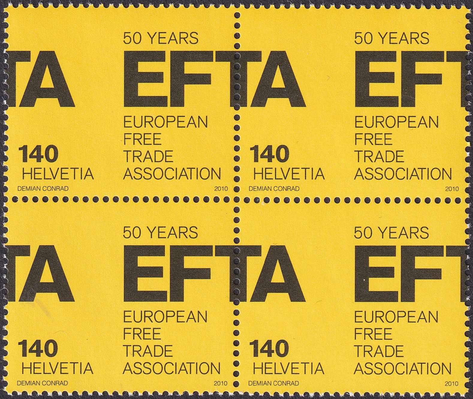 2010, Nr.1366, 50 Jahre EFTA Viererblock postfrisch**.