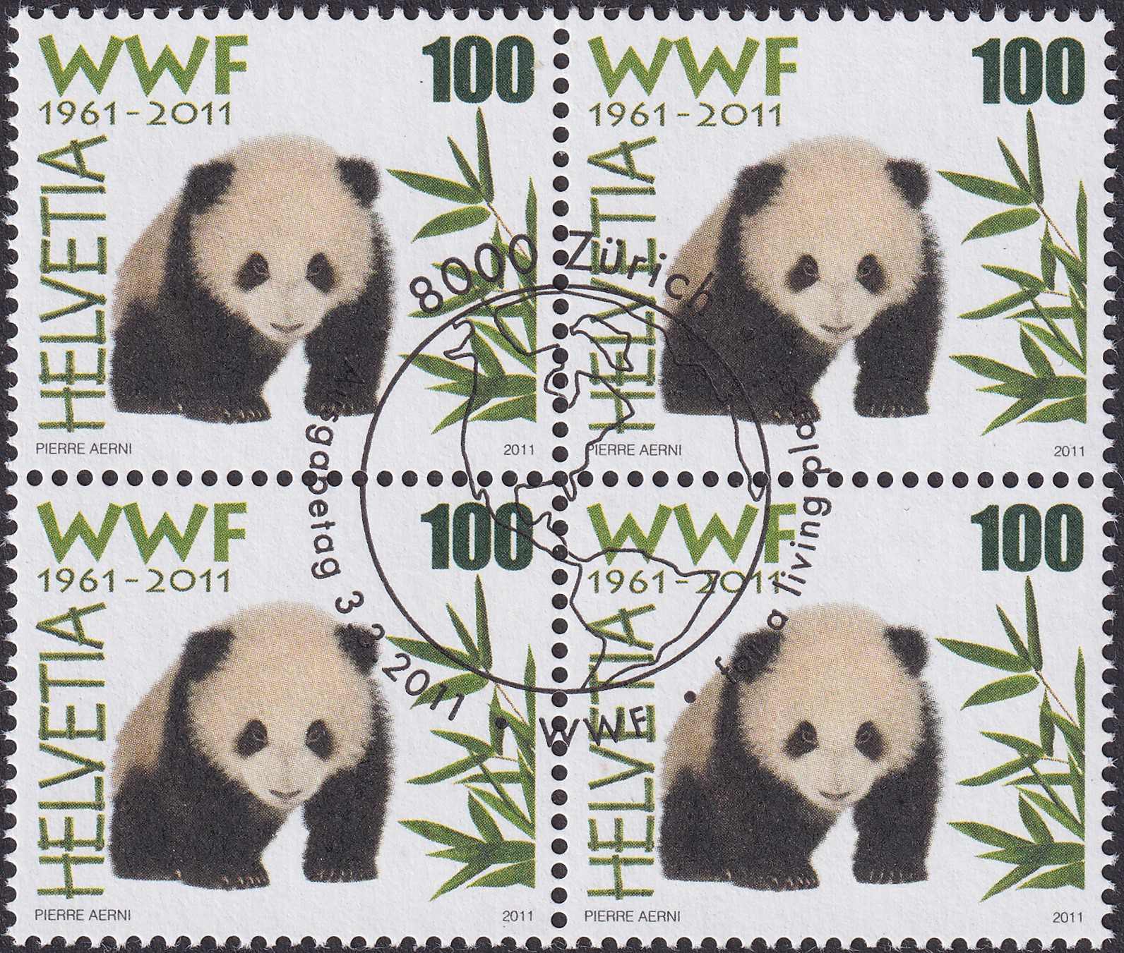 2011, Nr.1382, 50 Jahre WWF Viererblock mit ET-Stempel (03.03.2011).