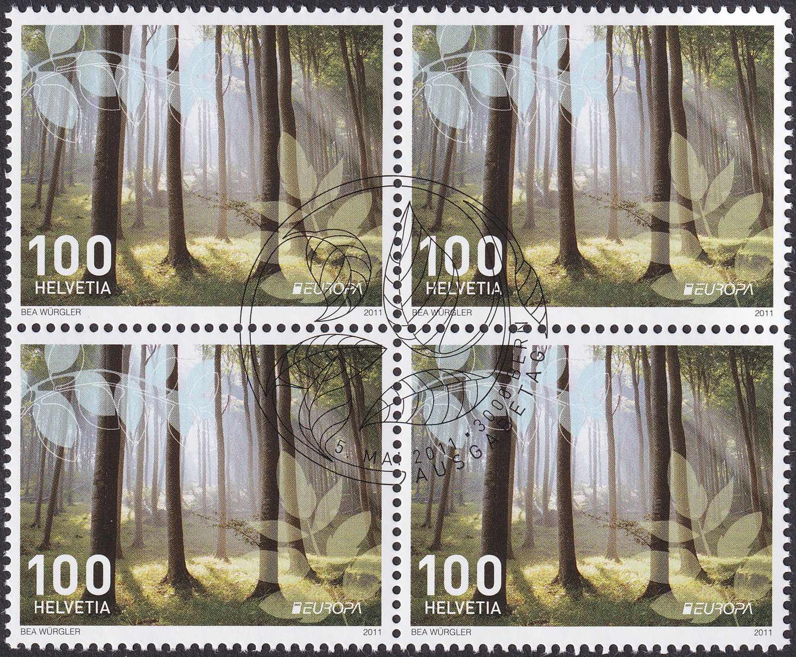 2011, Nr.1395, Europa 2011-Wälder Viererblock mit ET-Stempel (05.05 ...