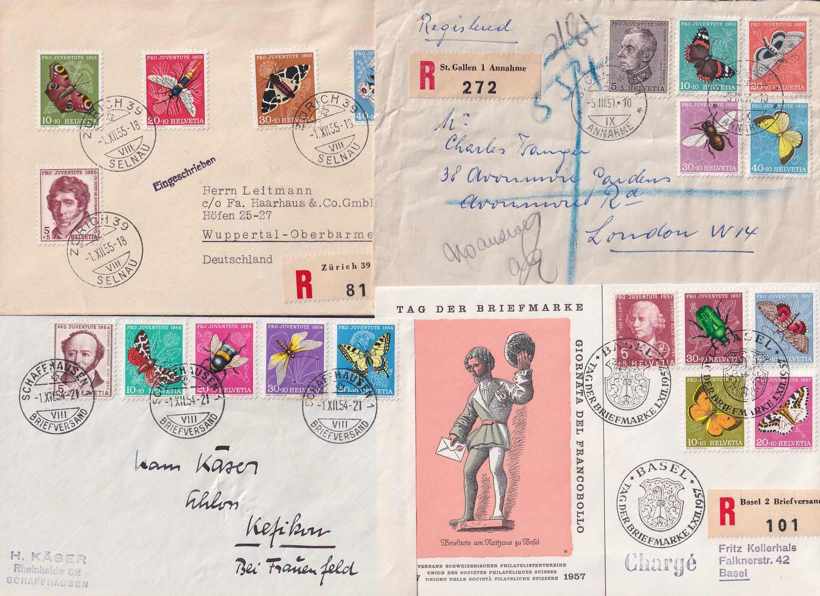 1950-1957, PRO JUVENTUTE Satzbriefe teils FDC (Ersttag), ...