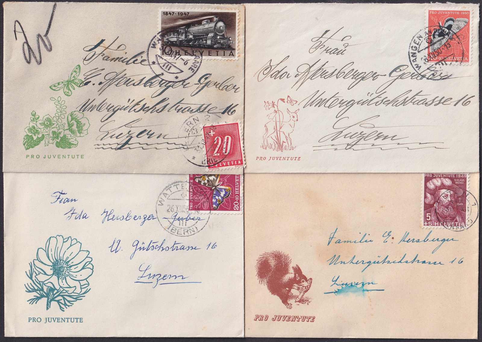 1947-1956, 4 Mini-Briefe PRO JUVENTUTE (schön illustriert) auf ...