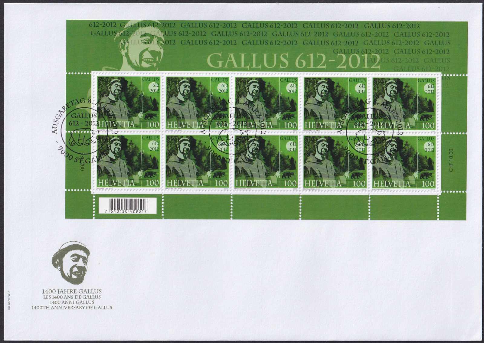 2012, Nr.1423, Klein-Bogen auf Brief (1400 Jahre Gallus) mit ...