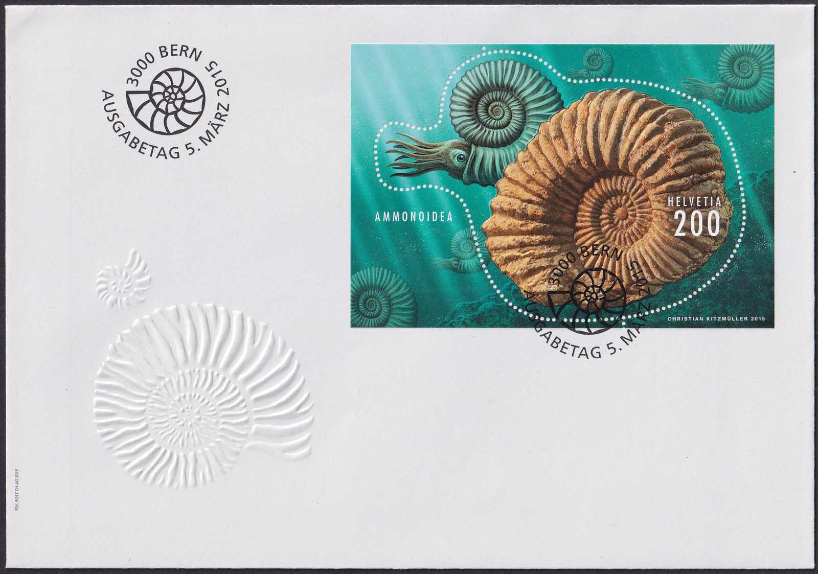 2015, Nr.1543, Sonderblock auf Brief (Ammonit) mit Ersttags-Stempel.