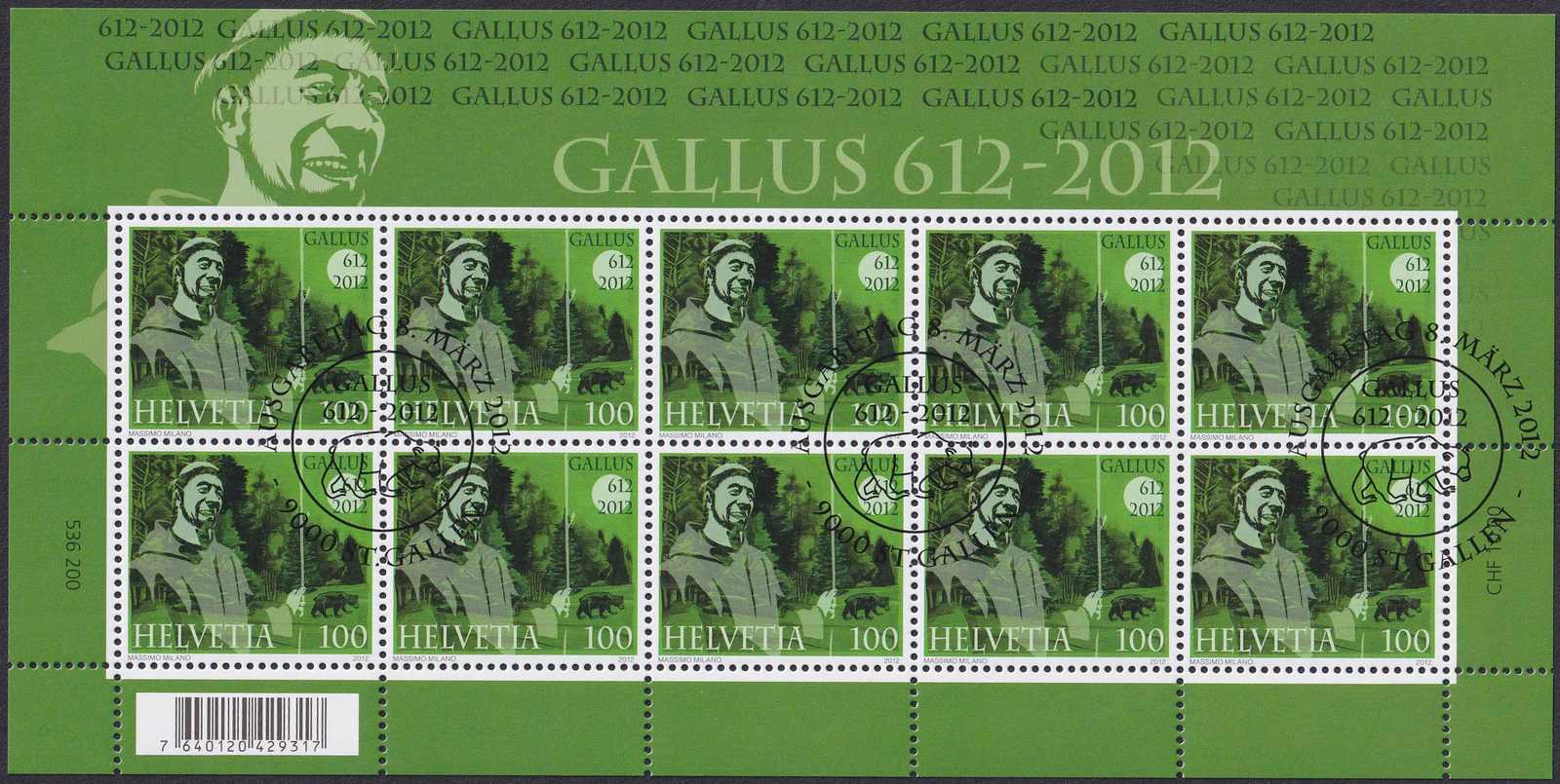 2012, Nr.1423, sauberer Zierbogen (1400 Jahre Gallus) mit ...