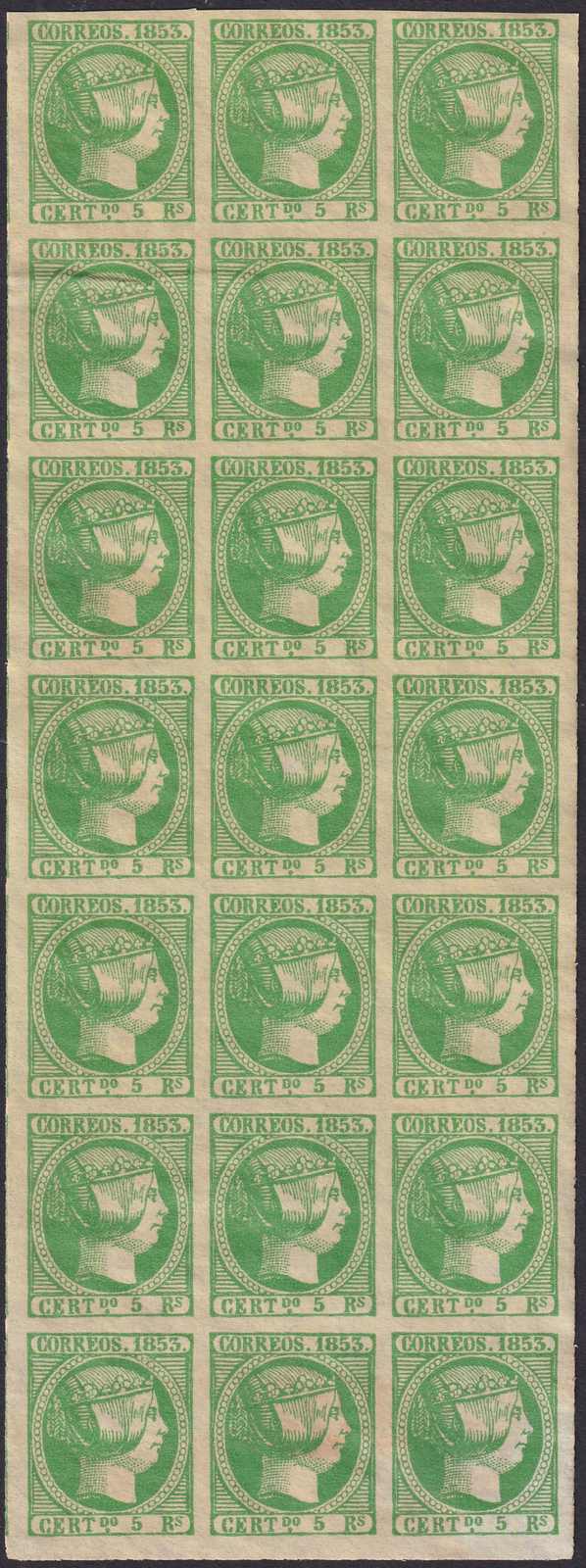 SPANIEN 1853, Nr.20, 5 Reales hellgrün REPLIK 21er-Bogen, Peter ...