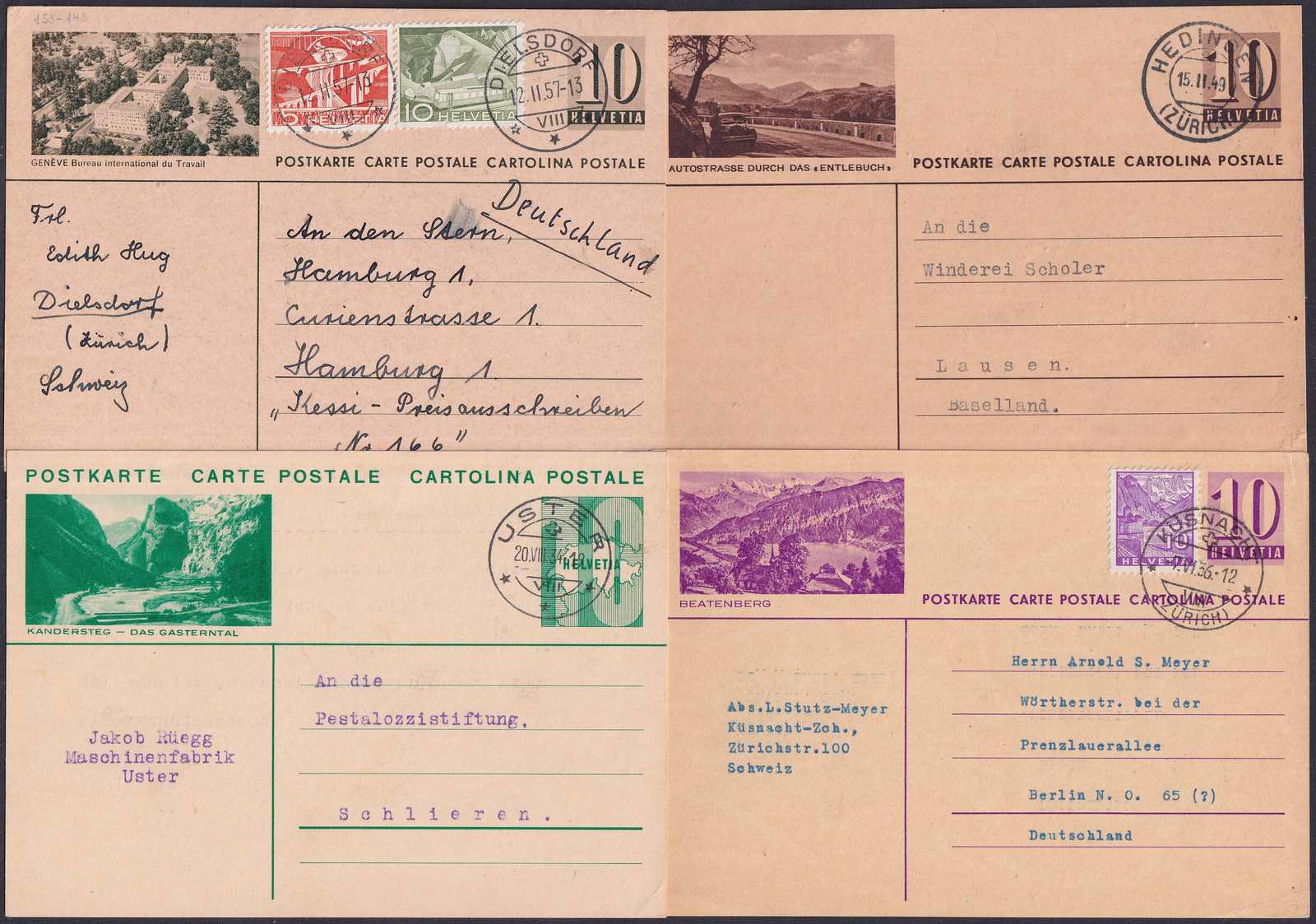 1923-1957, 36 Karten Abstempelungen aus dem Kt.Zürich! Entwertungen ...