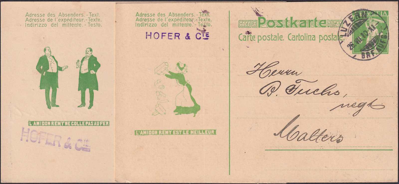 LUZERN 1910, 5 Karten mit diversen grünen Zudrucken: HOFER & Cie ...