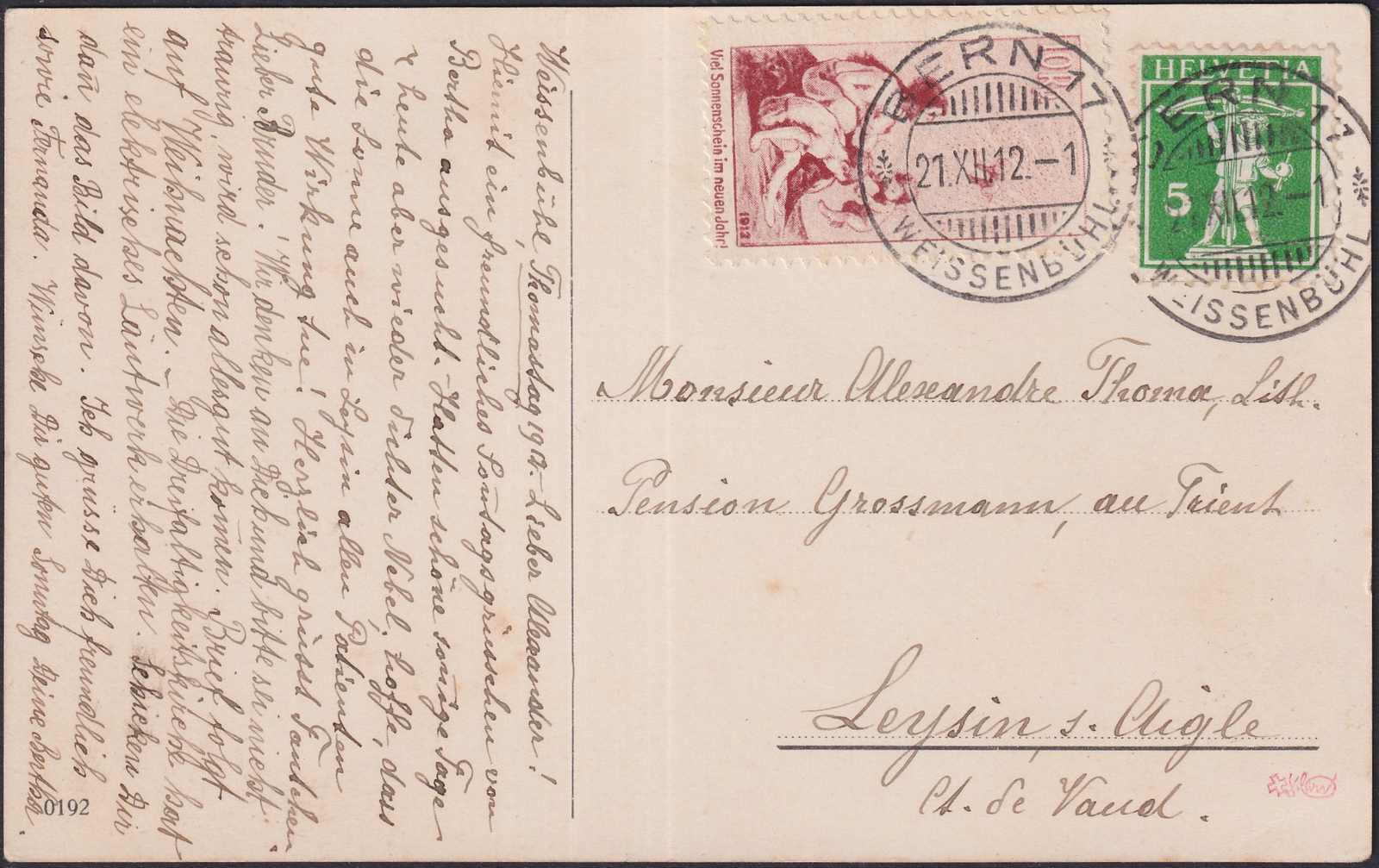 1912, Vorläufer I (deutsch) +125III auf Luxus-Karte von BERN: 21.DEZ ...