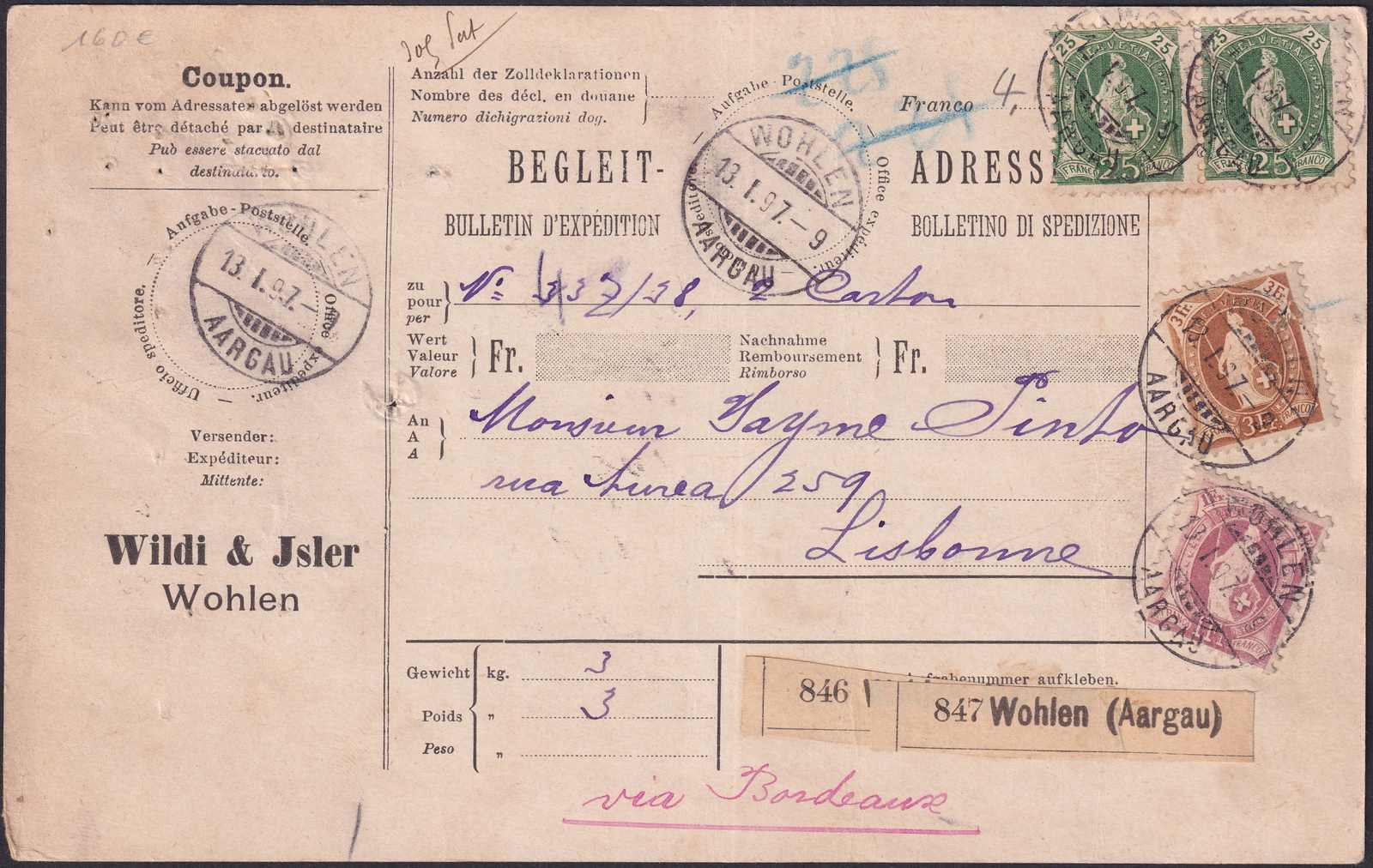 1897, Wohlen nach LISSABON (Portugal) saubere Frankatur mit ...