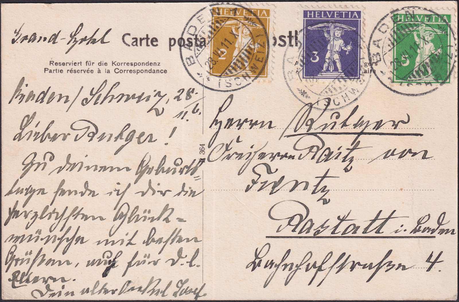 AARGAU, BADEN 1911, Dreifarben-Frankatur nach Rastatt (DE) saubere ...