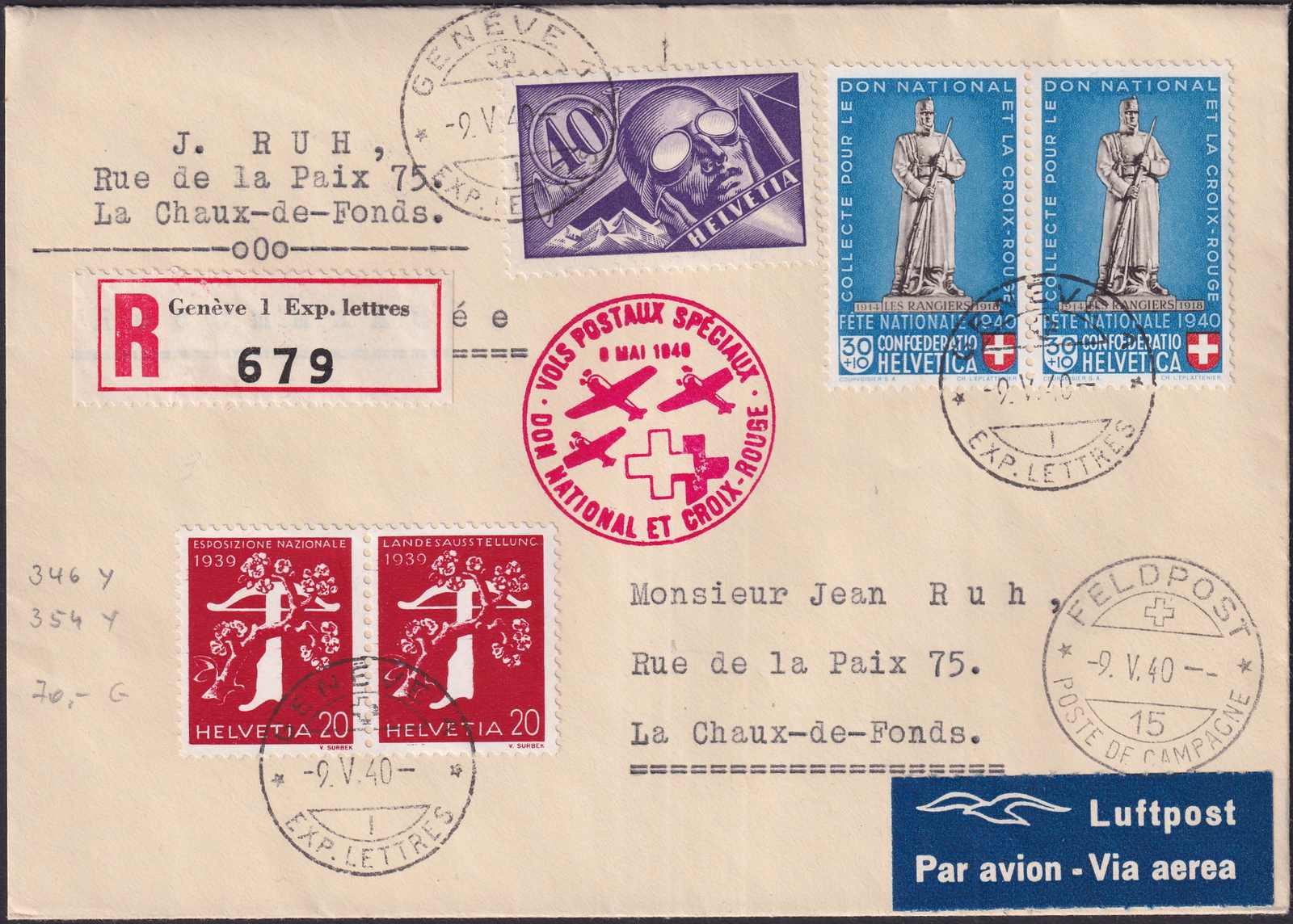 1940, B6 (2x) auf Rotkreuzflug, französisch. Ab GENEVE - Chaux-De-F. ...