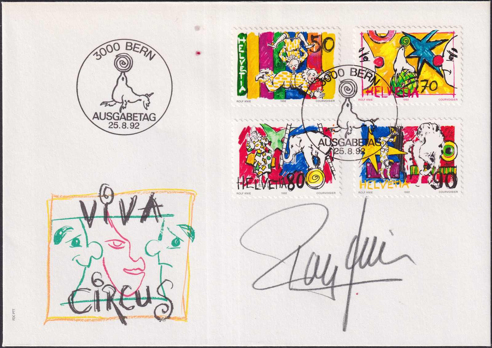ZIRKUS, ROLF KNIE, Nr.832-835 auf FDCs mit Original-Unterschrift, ...