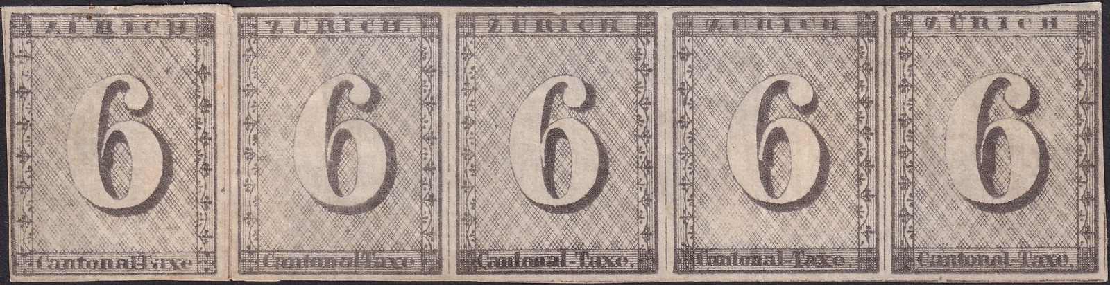 ZÜRICH 6, Fünferstreifen 2ND (Amtlicher Neudruck) Typen I, II, III, ...