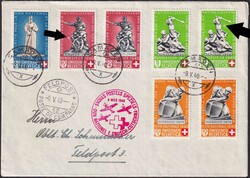 1940, Rotkreuzflug von SAMADEN (12) mit B3-B7, auf zwei Marken ...