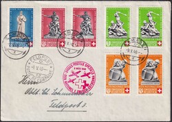 1940, Rotkreuzflug von SAMADEN (12) mit B3-B7, auf zwei Marken ...