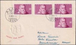 1948, W29 (4x) auf Ersttagsbrief (seltene Verwendung aus VIER ...