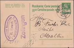 ZOFINGEN 1921, 10Rp.-Ganzsache von R.URECH nach Malters mit violetten ...