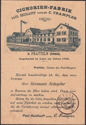 PRATTELN (BL) 1893, Zichorienfabrik (Kaffee) Werbe-Zudruck-Karte von ...