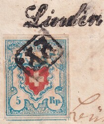LINDEN nach BERN 1851, Rayon I T.5 A3-O mit überrandigem Schnitt ...
