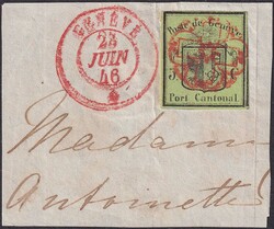 KLEINER ADLER, Nr.5 auf wunderschönem Briefstück von GENEVE: 28.JUN ...