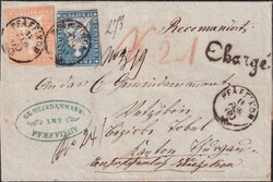 PFÄFFIKON 1860 nach "Wetzikon". Buntfrankatur auf Chargé-Brief mit ...