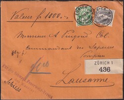ZÜRICH 1904 nach Lausanne mit 66E+65B, 1000Fr.-Wertbrief mit ...
