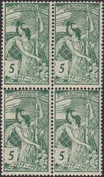 5c grün, 77B im Viererblock (*/**) mit PF.4 Feld 54: Oben rechts mit ...