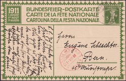 1911, Bundesfeierkarte von EMDTHAL 1.AUG.11 mit seltenem roten "BAINS ...