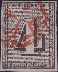 ZÜRICH 4, 1S (Type V), Sperati-Fälschung mit roter "Zürcher ...