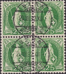 25c grün, 67C im seltenen Viererblock von BERN: 20.JUN.1892, ...